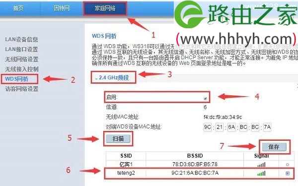 副路由器B中启用WDS桥接，并连接到主路由器A