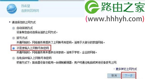 WS550上网方式选择：不需要上网账号和密码
