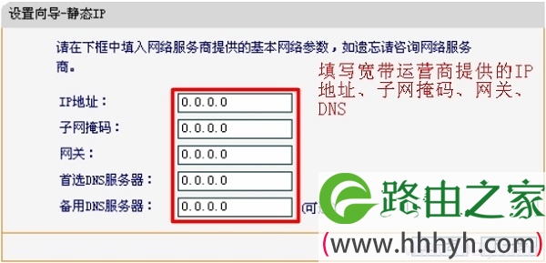 填写宽带运营商提供的静态IP地址、子网掩码、网关、DNS