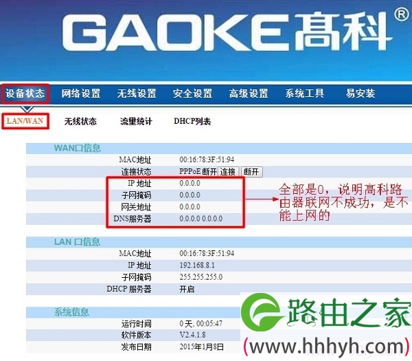高科路由器联网不成功，无法上网