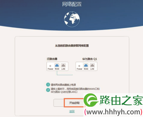 先把旧路由器的WAN接口,连接华为路由Q1的LAN接口,然后点击“开始获取”