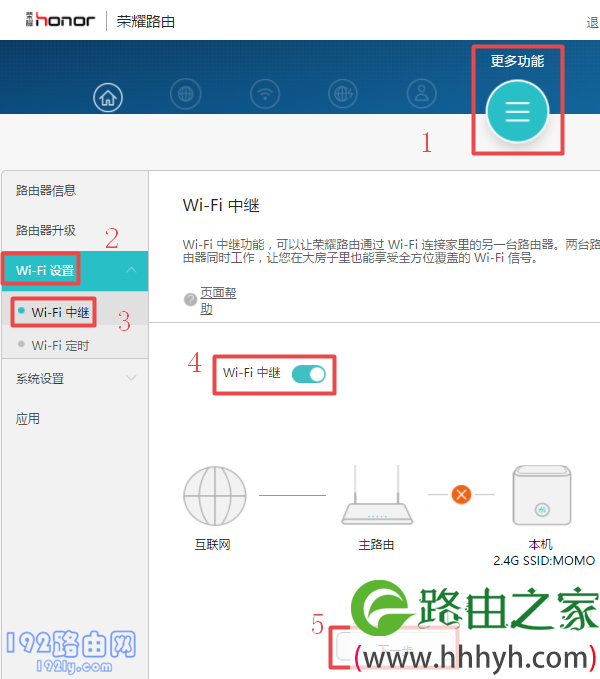 找到、打开 Wi-Fi中继 这个功能