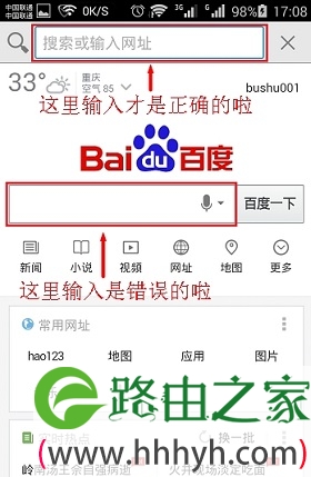 注意,要在浏览器显示网址的地方输入