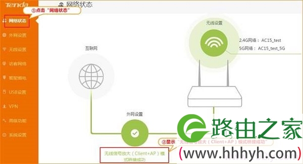 检查腾达AC15路由器上，无线信号放大（Client+AP）设置是否成功